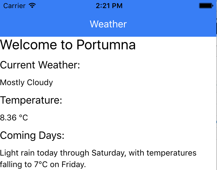 Weather results displayed using Ionic Framework