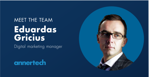 A Meet the Team card with an image of Eduardas Gricius and his title of digital marketing manager. The Annertech logo is at the bottom of the card.