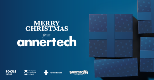 A merry Christmas message from Annertech featuring the logos of Barretstown, The Irish Red Cross. Focus Ireland and the Immigrant Council of Ireland.