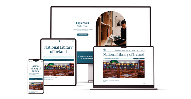 The National Library Ireland's new website as seen on a phone, tablet, notebook and computer screen.