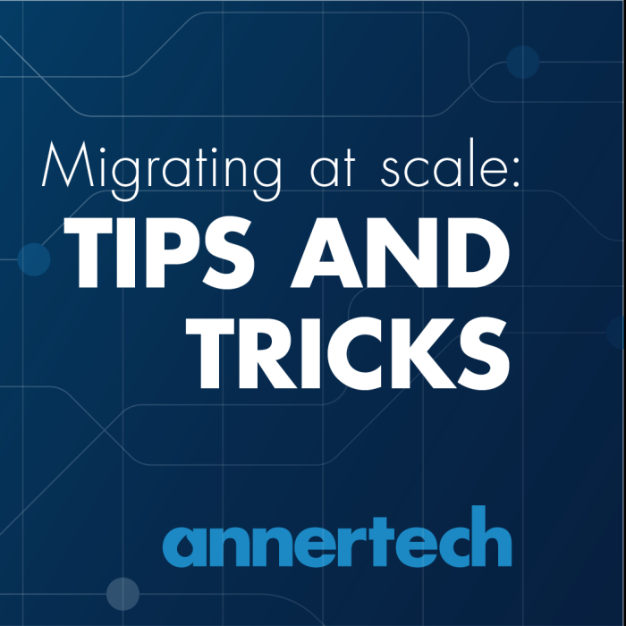 The text "Migrating at scale: Tips and tricks" appears on a blue background.