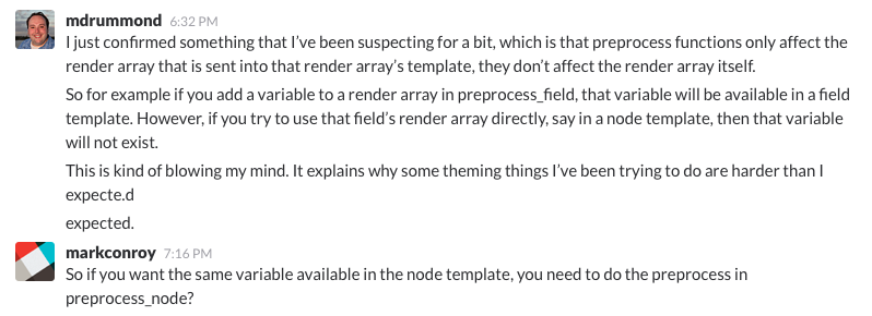 preprocess functions only affect the render array that is sent into that render array’s template, they don’t affect the render array itself.