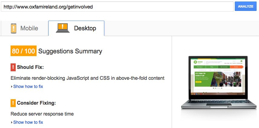 PageSpeed Insights report for Oxfam Ireland