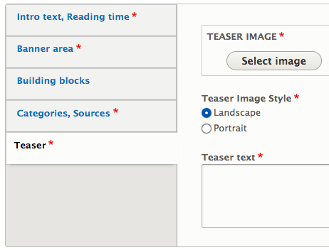 Drupal 8 node edit form teaser section