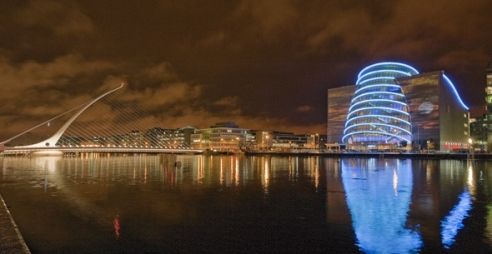 View of the Convention Centre Dublin alongside the river and bridge