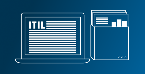 ITIL graphic showing laptop with ITIL on it, and a document library