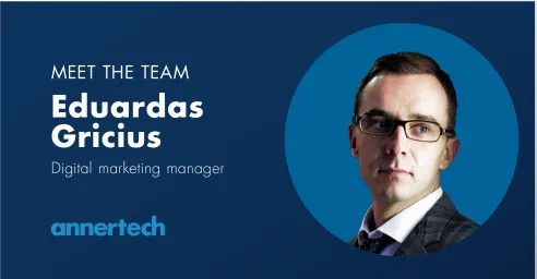 A Meet the Team card with an image of Eduardas Gricius and his title of digital marketing manager. The Annertech logo is at the bottom of the card.