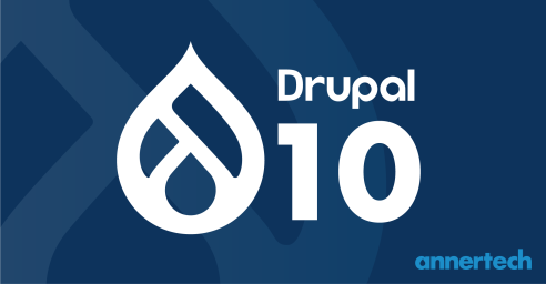 A white Drupal logo next to the words Drupal 10, also in white. The background is blue, and a white Annertech logo is at the bottom of the image.