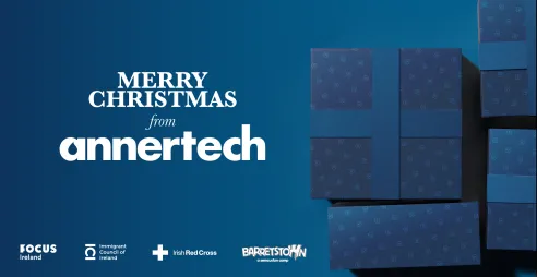 A merry Christmas message from Annertech featuring the logos of Barretstown, The Irish Red Cross. Focus Ireland and the Immigrant Council of Ireland.