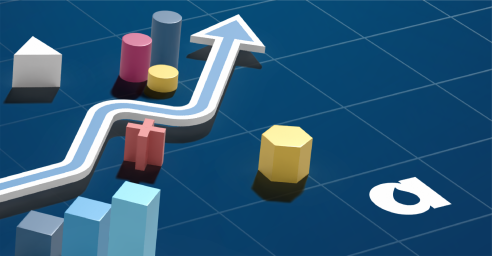 An arrow makes its way among 3D blocks and objects, to depict trends in the insurance industry