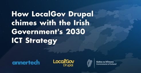 The words "How LocalGov Drupal aligns nicely with the Irish Government's 2030 ICT Strategy" appear with the Annertech, LGD and Irish Government logos