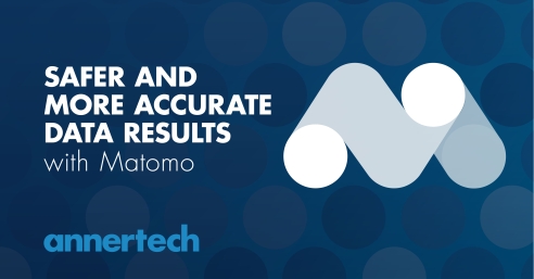 Matomo's logo is on a blue background with the words "safer and more accurate data results with Matomo"