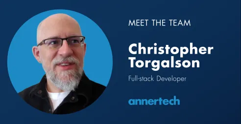 An image of Christopher Torgalson appears on the left. On the right, the text reads: Meet the Team: Christopher Torgalson, full-stack developer.