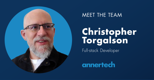 An image of Christopher Torgalson appears on the left. On the right, the text reads: Meet the Team: Christopher Torgalson, full-stack developer.