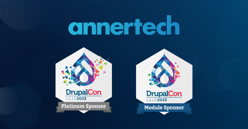 Annertech’s logo appears on top. Two sponsorship badges are below the logo. These badges contain the DrupalCon logo, which is a drop surrounded by coloured confetti. The badge on the left has a grey ribbon that says Platinum Sponsor. The badge on the right has a blue ribbon that says Module Sponsor.