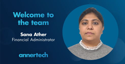 On the left are the words “Welcome to the team Sana Ather, financial administrator“. An image of Sana Ather is in a blue circle on the right of the image. Annertech's logo is at the bottom.