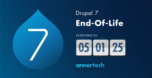 The Drupal 7 logo appears with an end-of-life countdown clock set to 5 January 2025.