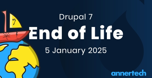 A boat with a 7 on its sail hurtles towards the end of the Earth. Text says Drupal 7 end of life 5 January 2025.