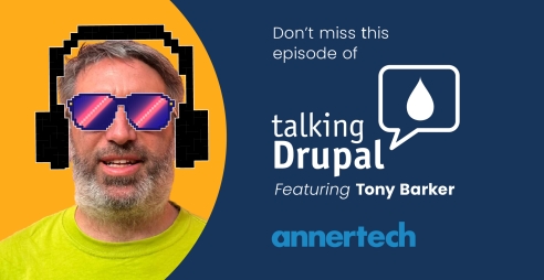 Tony Barker dons some funky earphones ahead of appearing on the Talking Drupal Podcast.