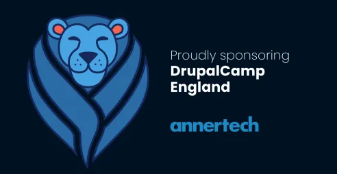 The blue lion logo of DrupalCamp England is on the left. On the right are the Annertech logo and the text: Proudly sponsoring DrupalCamp England.