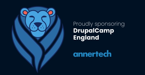 The blue lion logo of DrupalCamp England is on the left. On the right are the Annertech logo and the text: Proudly sponsoring DrupalCamp England.