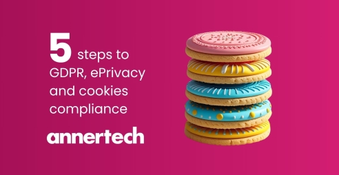 A pile of five colourful cookies is flanked with the text: “Five steps to GDPR, ePrivacy and cookies compliance.“