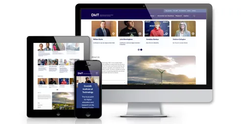 The new DkIT website appears on a computer, tablet and phone screen