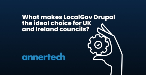 A graphic of a hand holding a cog is on the right. Above this is text: “What makes LocalGov Drupal the ideal choice for UK and Ireland councils?