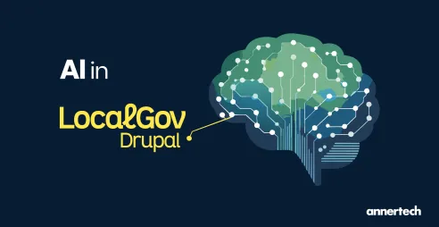 A brain with pathways that are lit up, one of which has a link to text saying AI in LocalGov Drupal.