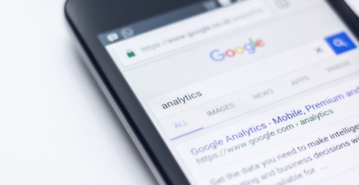 Screen showing Google search result page for search term "analytics"