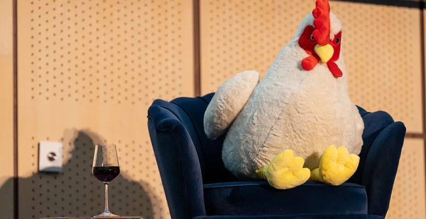The mascot for DrupalCon Lille 2023 is a rooster.