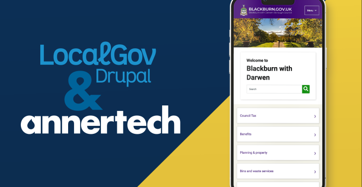 LocalGov Drupal and Annertech logos next to an LGD website displayed on a mobile phone