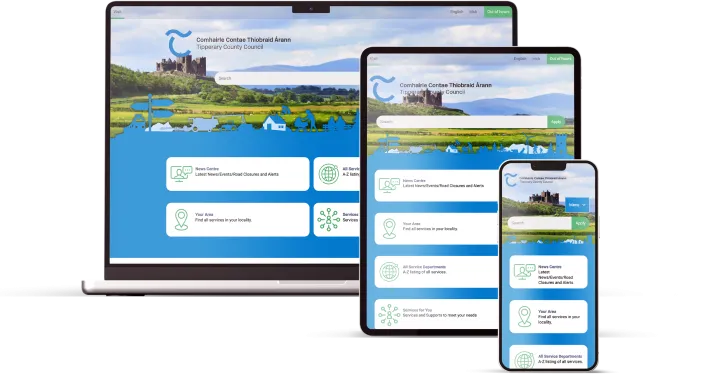 Tipperary County Council's new website appears on a laptop, tablet and phone screen.