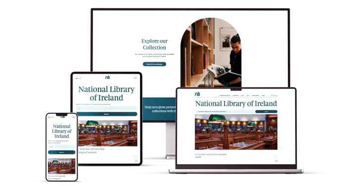 The National Library Ireland's new website as seen on a phone, tablet, notebook and computer screen.