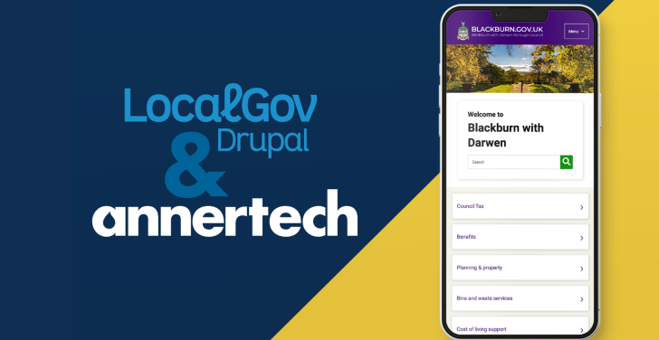 LocalGov Drupal and Annertech logos next to an LGD website displayed on a mobile phone