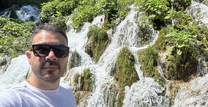 Juanluis Lozano at a waterfall in the Plitvice Lakes National Park, Croatia.