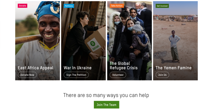 Oxfam's colour-coded types of content help the user situate themselves within the site.