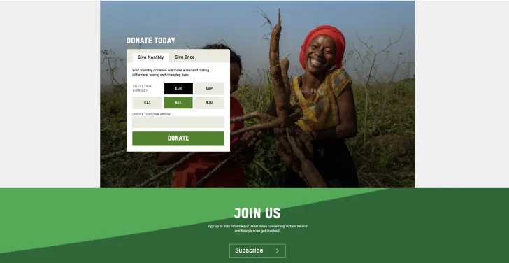 Oxfam's donations and signup feature on the new website.