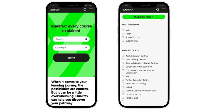 Advanced research filters on Qualifax's website allow users to filter by NFQ classification, institution type, district and province.