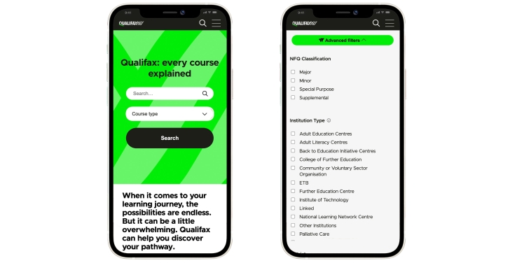 Advanced research filters on Qualifax's website allow users to filter by NFQ classification, institution type, district and province.