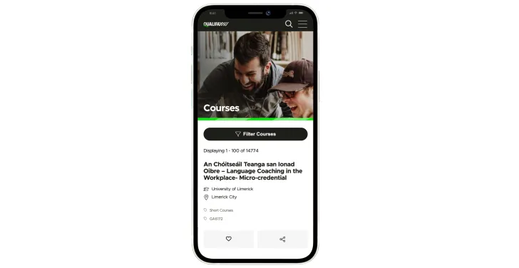 The course page on Qualifax with the filter courses button.