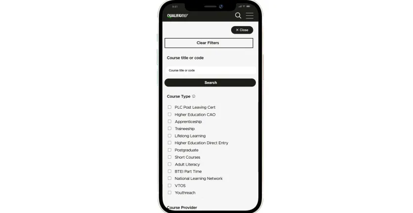 When the filter button on Qualifax.ie is pressed, a list of additional filters is shown