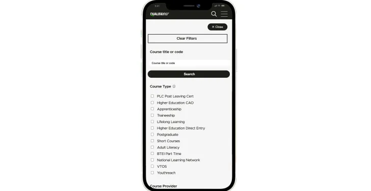 When the filter button on Qualifax.ie is pressed, a list of additional filters is shown