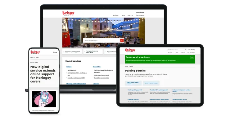 The new website of London Borough of Haringey Council is shown on a phone, computer and tablet.