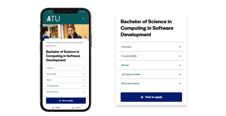 GMIT opted for a ‘tabbed‘ approach to present course information, dividing it into clickable headlines that show the user more information