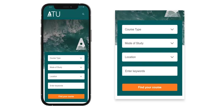 The course search on the GMIT website is above the fold and offers users some simple filters such as course type, mode of study, location and keywords