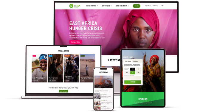 Oxfam Ireland website shown on different sized devices