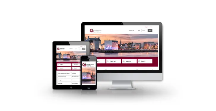 The new Galway City Council website is shown on a computer, tablet and phone.