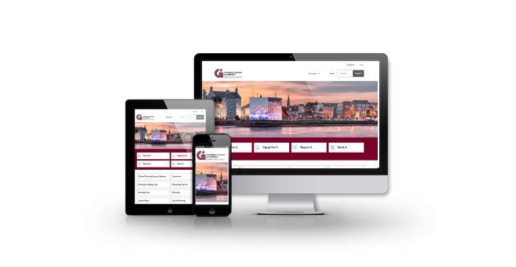 The new Galway City Council website is shown on a computer, tablet and phone.