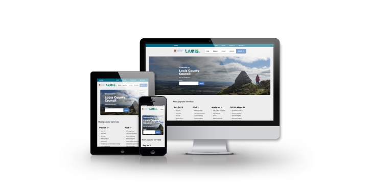 The new Laois County Council website is shown on a computer, tablet and phone.